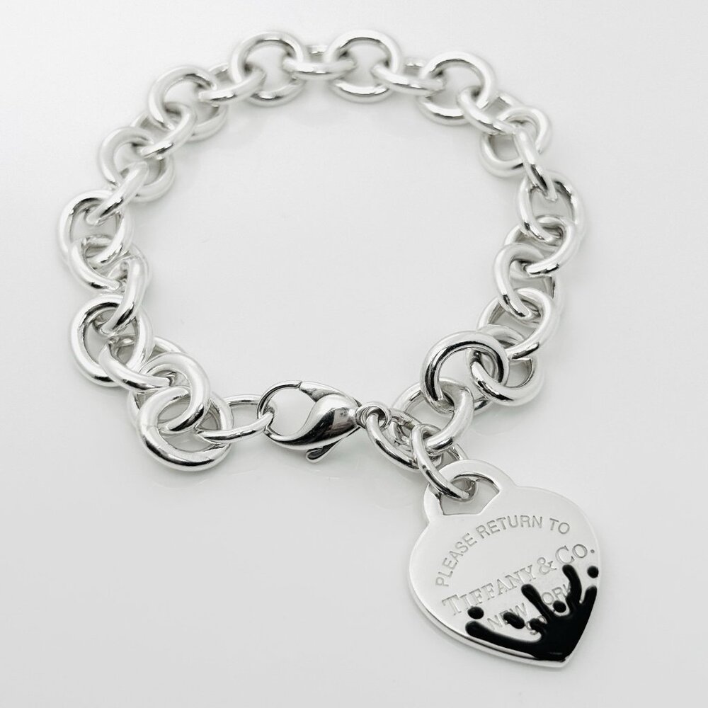 Large Please Return to Tiffany Black Color Splash Enamel Heart Tag Bracelet - Picture 1 of 8